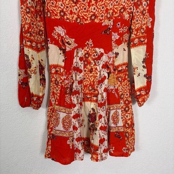 Free People Mixing It Up Plunge Neck Red & Cream Patterned Long Sleeve MIni Dres - Picture 10 of 11